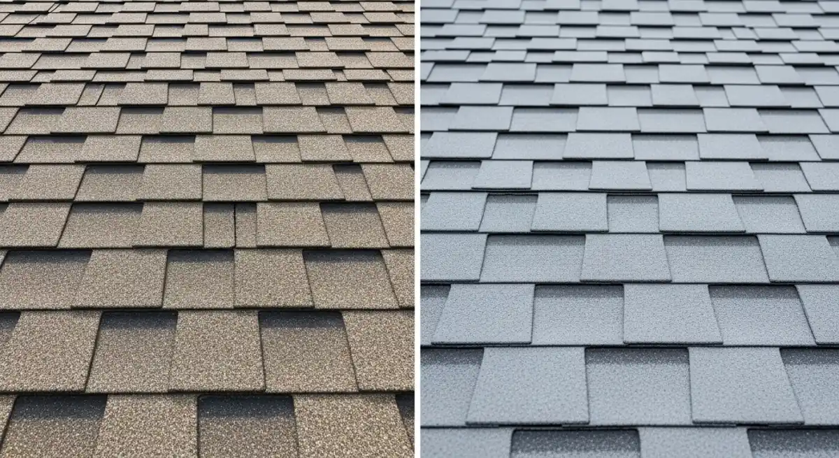 Painted roof shingles showing coating application