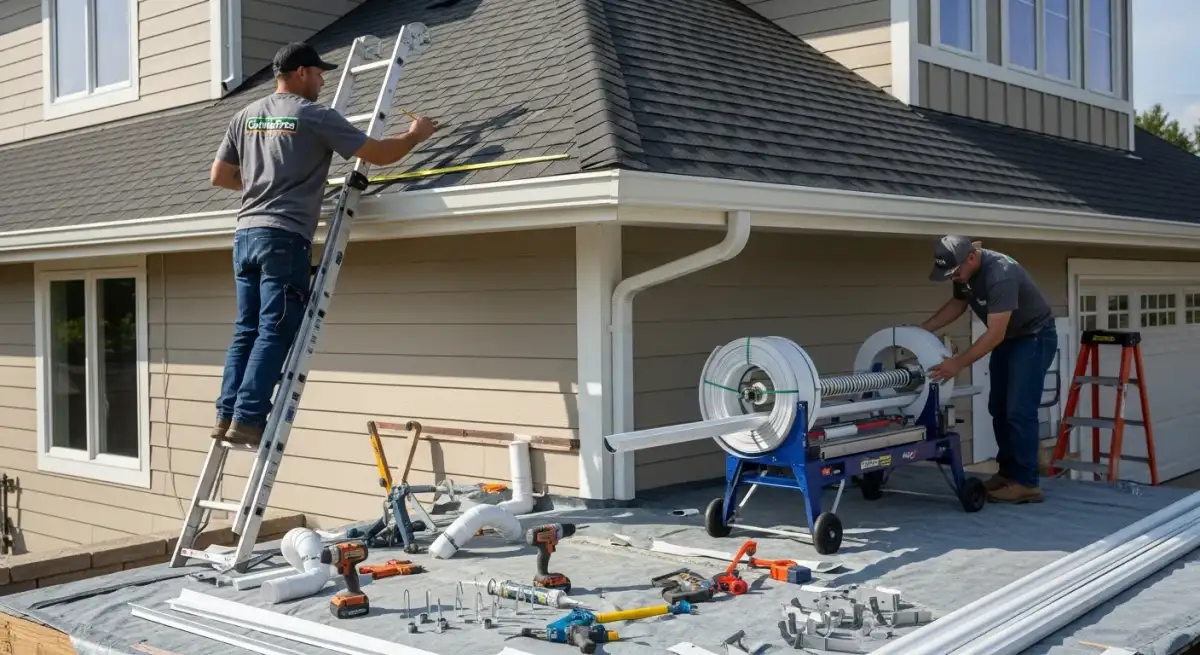 Professional gutter installation crew working on a Herndon VA home