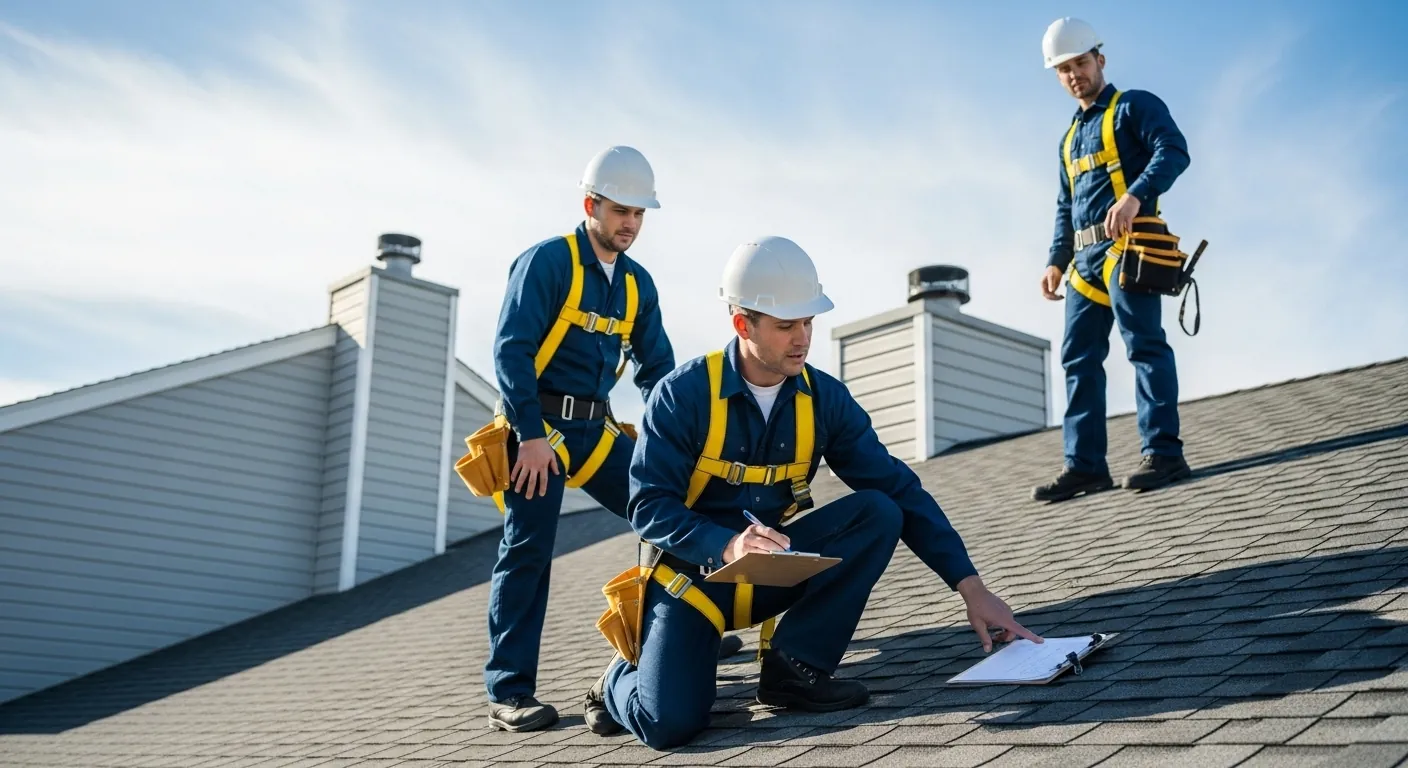 Professional roofing specialists inspecting residential roof