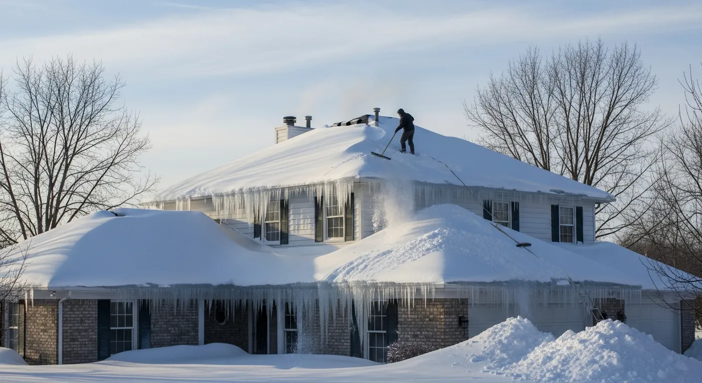 Snow accumulation on residential roof in Northern Virginia during winter