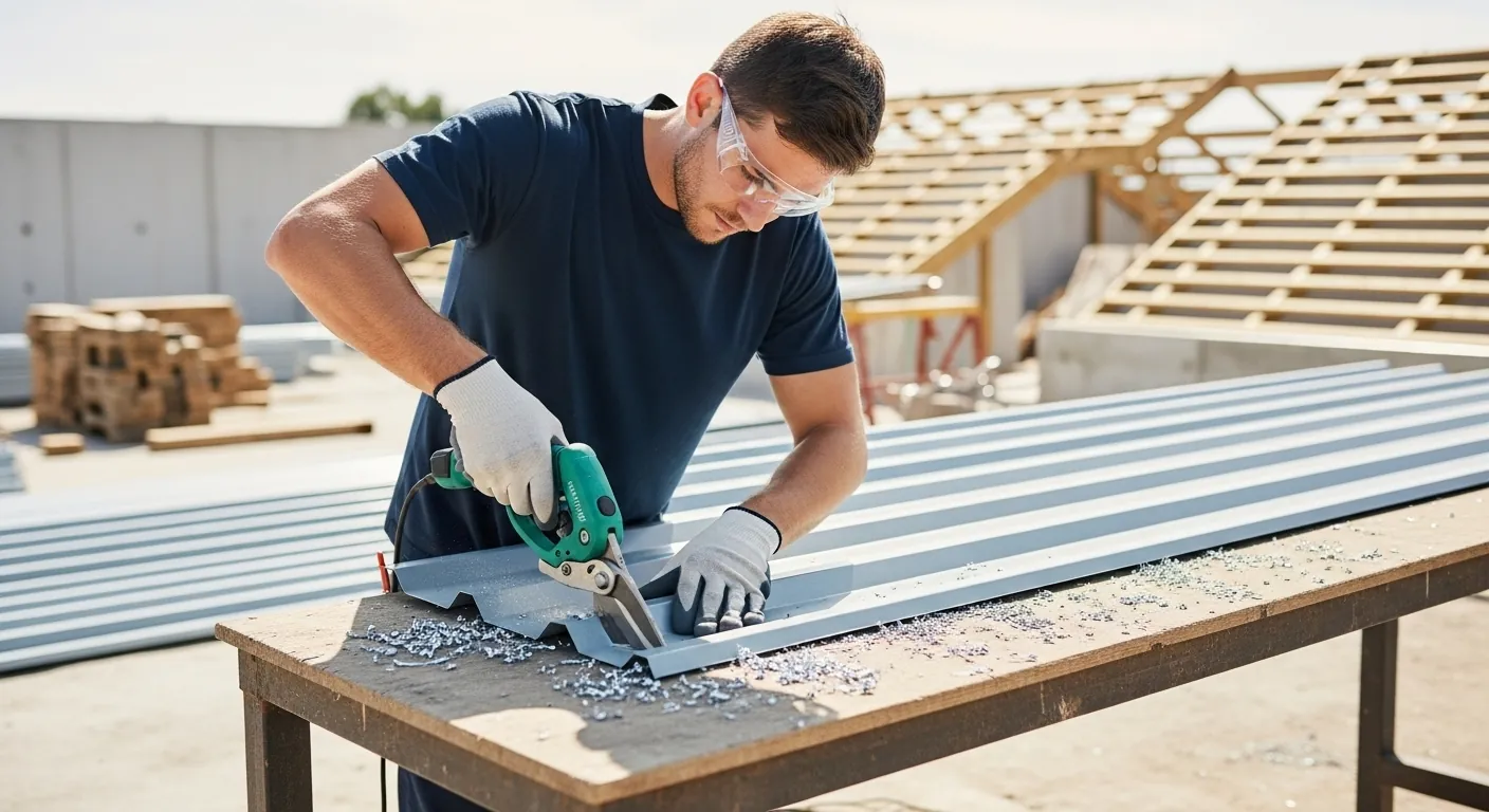 Professional cutting steel metal roofing with power shears